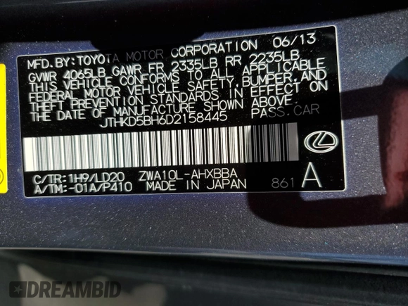 2013 Lexus CT 200h z VIN JTHKD5BH6D2158445, wystawiony jako Copart lot #56818005 z przebiegiem Nie podano mil oraz Szkoda całkowita • Salvage title. Historia ofert i sprzedaży dostępna na DreamBid. Obrazek 12.