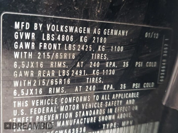 2012 Volkswagen Tiguan SE z VIN WVGAV7AX5CW563536, wystawiony jako Copart lot #52407665 z przebiegiem 136 263 mil mil oraz Szkody całkowita. Historia ofert i sprzedaży dostępna na DreamBid. Obrazek 13.