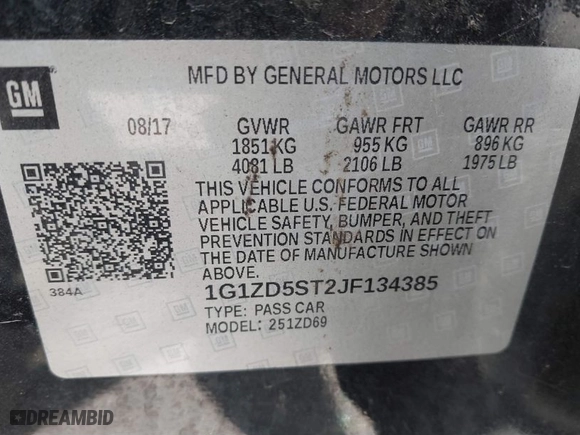 2018 Chevrolet Malibu LT with VIN 1G1ZD5ST2JF134385, listed as a IAAI auction lot 41839314 with 181,569 mi miles. Bid and sale history available at carsss.com. Image 9.