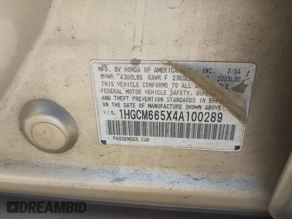 2004 Honda Accord EX z VIN 1HGCM665X4A100289, wystawiony jako IAAI lot #42483175 z przebiegiem 115 196 mil mil oraz . Historia ofert i sprzedaży dostępna na DreamBid. Obrazek 9.