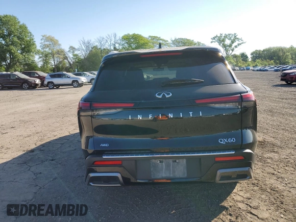 2023 Infiniti QX60 Sensory with VIN 5N1DL1GS2PC371655, listed as a Copart auction lot 57074995 with 20,018 mi miles and Salvage title. Bid and sale history available at DreamBid. Image 6.