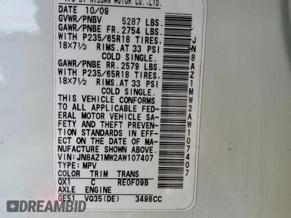 2010 Nissan Murano SL with VIN JN8AZ1MW2AW107407, listed as a Copart auction lot 71677534 with 189,402 mi miles and Clean Title. Bid and sale history available at carsss.com. Image 13.