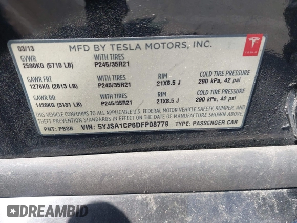2013 Tesla Model S Performance z VIN 5YJSA1CP6DFP08779, wystawiony jako IAAI lot #42172960 z przebiegiem 136 450 mil mil oraz . Historia ofert i sprzedaży dostępna na DreamBid. Obrazek 9.