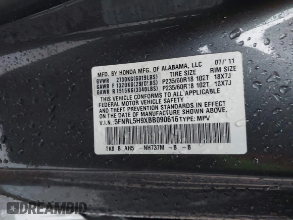 2011 Honda Odyssey Touring Elite with VIN 5FNRL5H9XBB090616, listed as a IAAI auction lot 41944510 with 207,962 mi miles and . Bid and sale history available at DreamBid. Image 9.