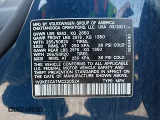 2021 Volkswagen Atlas SE z VIN 1V2KE2CA7MC220524, wystawiony jako IAAI lot #42017287 z przebiegiem 29 380 mil mil oraz . Historia ofert i sprzedaży dostępna na DreamBid. Obrazek 9.