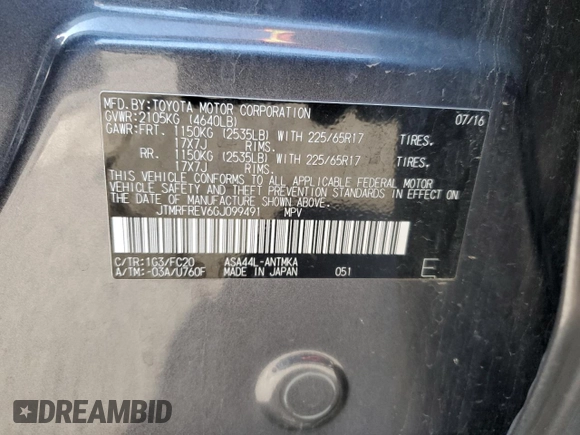 2016 Toyota RAV4 XLE with VIN JTMRFREV6GJ099491, listed as a Copart auction lot 56194465 with 92,587 mi miles and Salvage title. Bid and sale history available at DreamBid. Image 12.