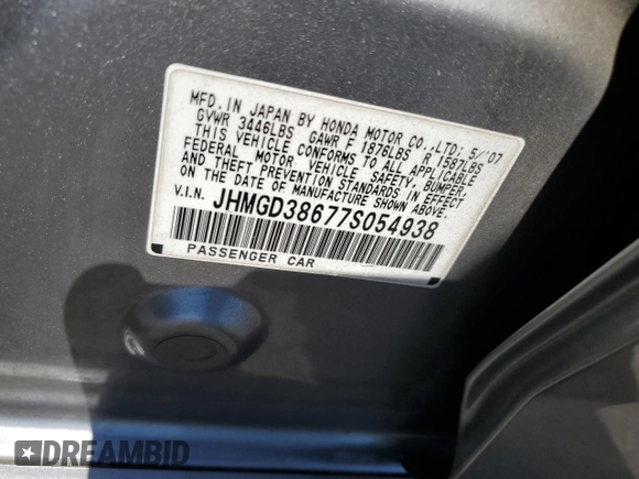 2007 Honda Fit Sport with VIN JHMGD38677S054938, listed as a Copart auction lot 63080704 with 155,754 mi miles and Salvage Title. Bid and sale history available at carsss.com. Image 15.