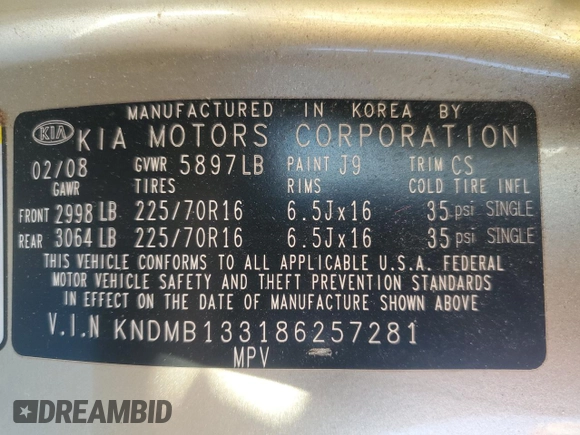 2008 Kia Sedona with VIN KNDMB133186257281, listed as a Copart auction lot 81604274 with 123,415 mi miles and Clean Title. Bid and sale history available at carsss.com. Image 13.