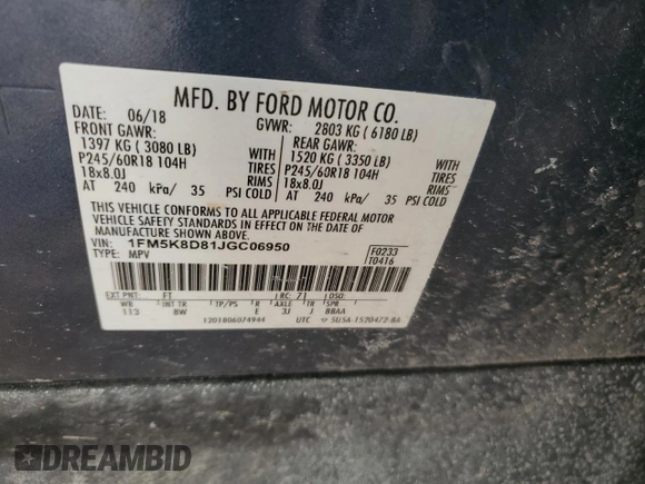 2018 Ford Explorer XLT with VIN 1FM5K8D81JGC06950, listed as a Copart auction lot 41801715 with 148,400 mi miles and Salvage Title. Bid and sale history available at DreamBid. Image 13.