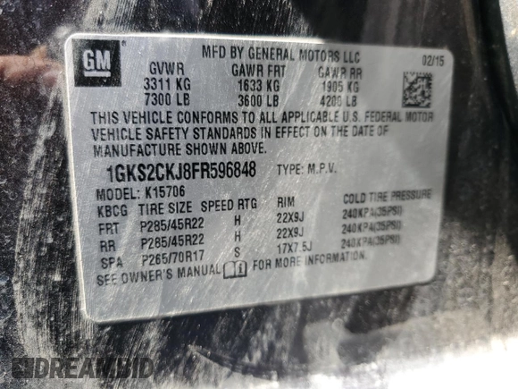 2015 GMC Yukon Denali with VIN 1GKS2CKJ8FR596848, listed as a Copart auction lot 52048105 with 129,935 mi miles and Salvage Title. Bid and sale history available at carsss.com. Image 13.