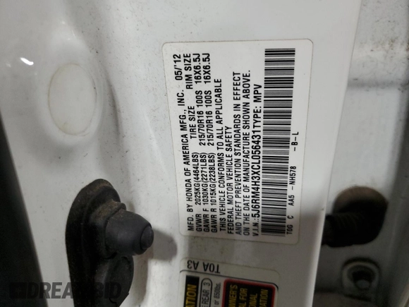 2012 Honda CR-V LX with VIN 5J6RM4H3XCL056431, listed as a Copart auction lot 44613385 with 158,099 mi miles and Salvage title. Bid and sale history available at DreamBid. Image 13.