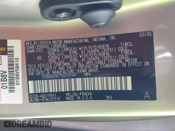 2005 Toyota Sienna CE z VIN 5TDZA23C75S312147, wystawiony jako IAAI lot #41513436 z przebiegiem 87 473 mil mil oraz . Historia ofert i sprzedaży dostępna na DreamBid. Obrazek 9.