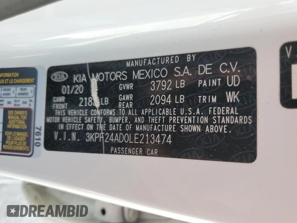 2020 Kia Forte LXS with VIN 3KPF24AD0LE213474, listed as a Copart auction lot 46824935 with 34,958 mi miles and Salvage Title. Bid and sale history available at carsss.com. Image 12.