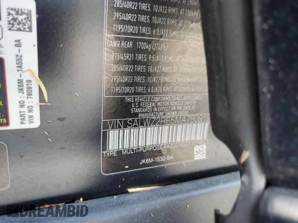 2021 Land Rover Range Rover Sport SVR with VIN SALWZ2RE5MA780919, listed as a Copart auction lot 77540064 with Not Provided miles and Salvage Title. Bid and sale history available at DreamBid. Image 14.