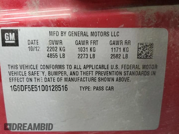 2013 Cadillac CTS Luxury with VIN 1G6DF5E51D0128516, listed as a Copart auction lot 60830885 with 292,149 mi miles and Salvage title. Bid and sale history available at DreamBid. Image 12.