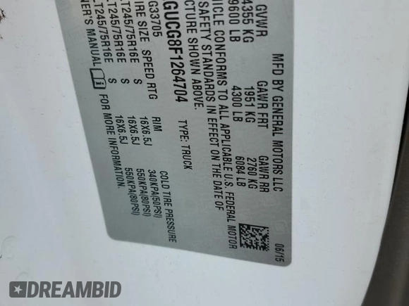 2015 Chevrolet Express Cargo with VIN 1GCZGUCG8F1264704, listed as a Copart auction lot 81811474 with 114,670 mi miles and Salvage title. Bid and sale history available at DreamBid. Image 12.