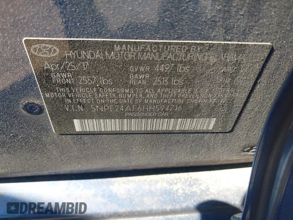 2017 Hyundai Sonata SE with VIN 5NPE24AF6HH594716, listed as a IAAI auction lot 41586899 with 84,095 mi miles and . Bid and sale history available at DreamBid. Image 9.