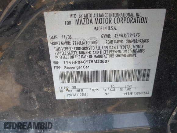 2007 Mazda 6 i Sport VE with VIN 1YVHP84C975M20607, listed as a IAAI auction lot 39658791 with 139,407 mi miles and . Bid and sale history available at DreamBid. Image 9.
