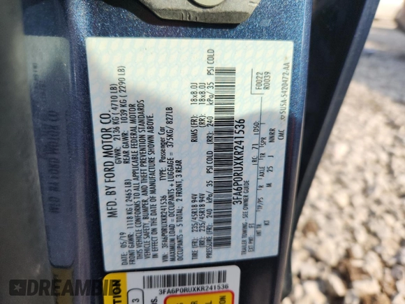2019 Ford Fusion Titanium with VIN 3FA6P0RUXKR241536, listed as a Copart auction lot 61768335 with 208,133 mi miles and Salvage title. Bid and sale history available at DreamBid. Image 12.