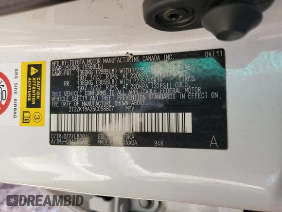2011 Lexus RX 350 с VIN 2T2ZK1BA2BC058807, выставлен на аукционе Copart как лот 57278045 с пробегом 103 257 миль миль и Списание • Salvage title. История ставок и продаж доступна на DreamBid. Изображение 12.