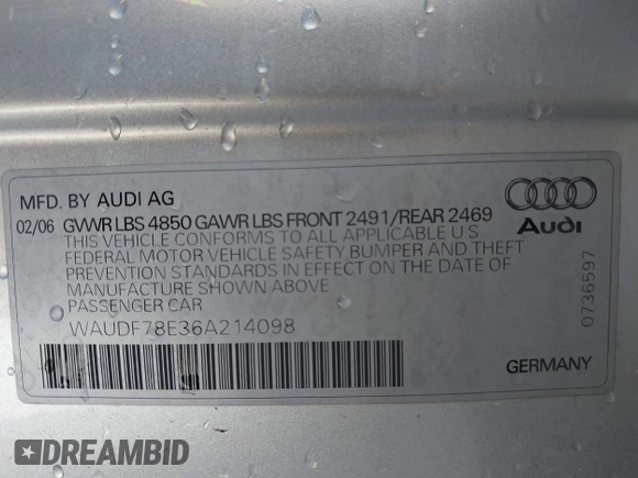 2006 Audi A4 2.0T z VIN WAUDF78E36A214098, wystawiony jako IAAI lot #42055726 z przebiegiem 166 990 mil mil oraz . Historia ofert i sprzedaży dostępna na DreamBid. Obrazek 9.
