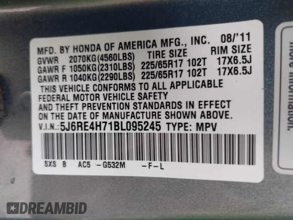 2011 Honda CR-V EX-L with VIN 5J6RE4H71BL095245, listed as a IAAI auction lot 42006244 with 131,783 mi miles and . Bid and sale history available at carsss.com. Image 9.