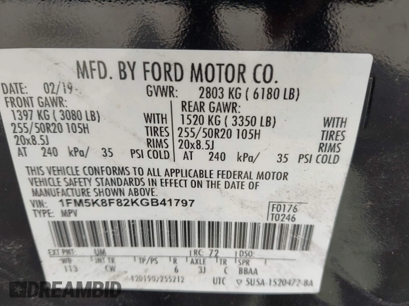2019 Ford Explorer Limited with VIN 1FM5K8F82KGB41797, listed as a IAAI auction lot 41869760 with 73,858 mi miles and . Bid and sale history available at carsss.com. Image 9.