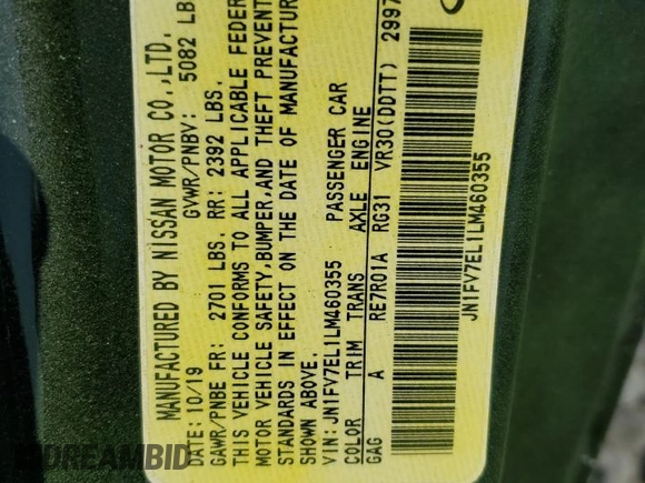 2020 Infiniti Q60 Red Sport 400 with VIN JN1FV7EL1LM460355, listed as a Copart auction lot 69373434 with Not provided miles and Salvage title. Bid and sale history available at DreamBid. Image 12.