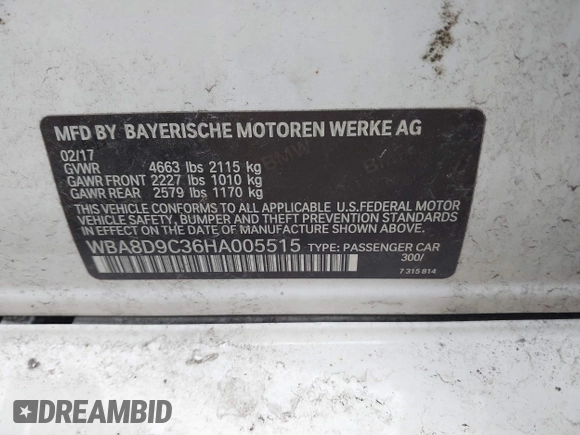 2017 BMW 3 Series 330i xDrive with VIN WBA8D9C36HA005515, listed as a IAAI auction lot 41853555 with 65,265 mi miles and . Bid and sale history available at DreamBid. Image 9.