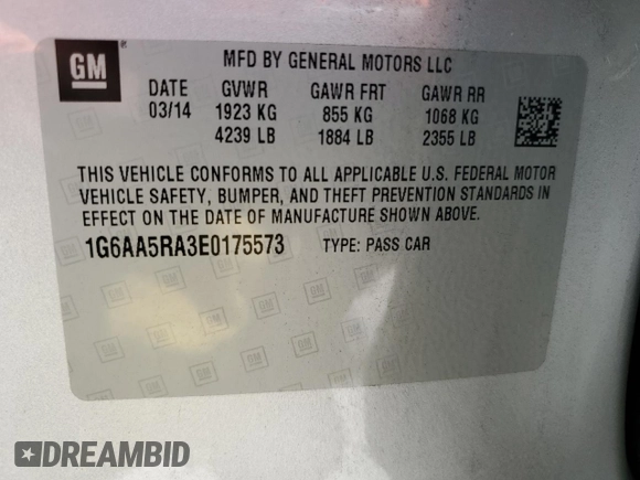 2014 Cadillac ATS Standard RWD with VIN 1G6AA5RA3E0175573, listed as a Copart auction lot 61925725 with 19,933 mi miles and Salvage title. Bid and sale history available at DreamBid. Image 13.