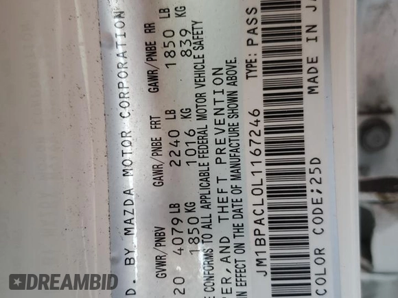 2020 Mazda 3 Select with VIN JM1BPACL0L1167246, listed as a Copart auction lot 48759685 with 64,904 mi miles and Salvage Title. Bid and sale history available at carsss.com. Image 14.