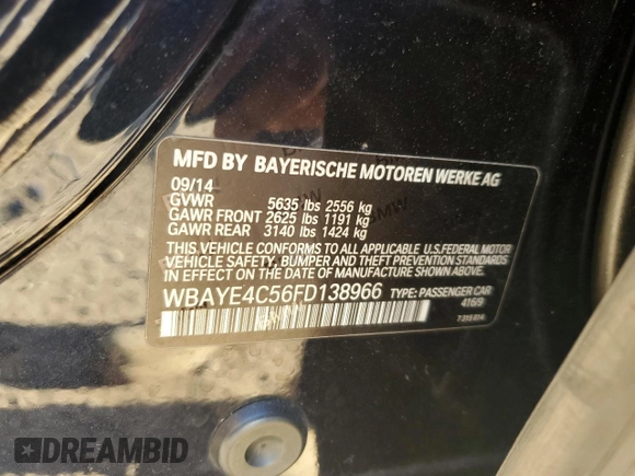 2015 BMW 7 Series 740Li with VIN WBAYE4C56FD138966, listed as a Copart auction lot 69240874 with 94,558 mi miles and Salvage Title. Bid and sale history available at DreamBid. Image 12.