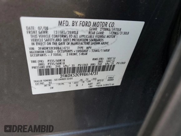 2009 Ford Flex SEL with VIN 2FMDK52C99BA14731, listed as a Copart auction lot 49536505 with 119,664 mi miles and Salvage Title. Bid and sale history available at carsss.com. Image 13.