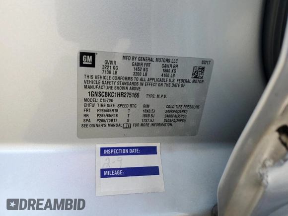 2017 Chevrolet Tahoe LT with VIN 1GNSCBKC1HR275166, listed as a Copart auction lot 56051445 with 250,515 mi miles and Salvage title. Bid and sale history available at DreamBid. Image 13.