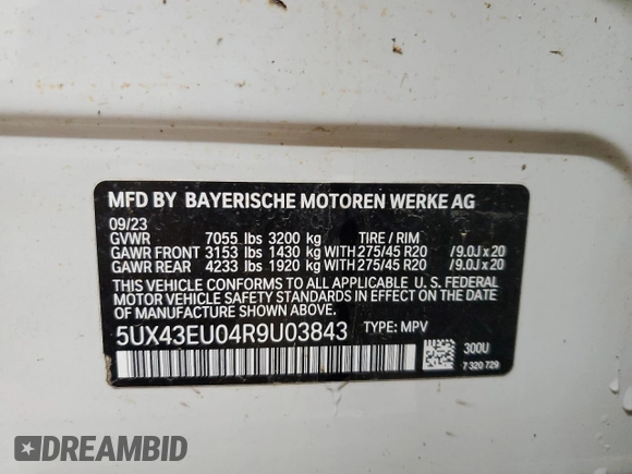 2024 BMW X5 xDrive50e with VIN 5UX43EU04R9U03843, listed as a Copart auction lot 43378115 with 0 mi miles and Non Repairable. Bid and sale history available at carsss.com. Image 13.