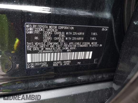 2024 Toyota Venza LE z VIN JTEAAAAH6RJ183273, wystawiony jako IAAI lot #41959064 z przebiegiem 7 497 mil mil oraz . Historia ofert i sprzedaży dostępna na DreamBid. Obrazek 9.