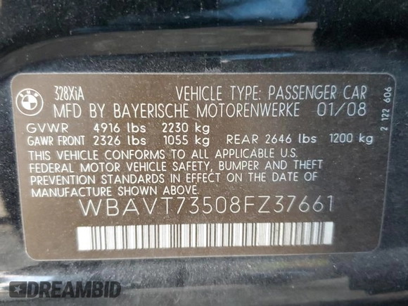 2008 BMW 3 Series 328xi z VIN WBAVT73508FZ37661, wystawiony jako Copart lot #82844114 z przebiegiem 188 089 mil mil oraz Czysty tytuł • Clean title. Historia ofert i sprzedaży dostępna na DreamBid. Obrazek 12.