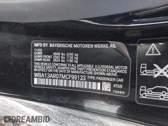 2021 BMW 4 Series M440i xDrive with VIN WBA13AR07MCF99133, listed as a IAAI auction lot 41532804 with 14,983 mi miles and . Bid and sale history available at DreamBid. Image 9.