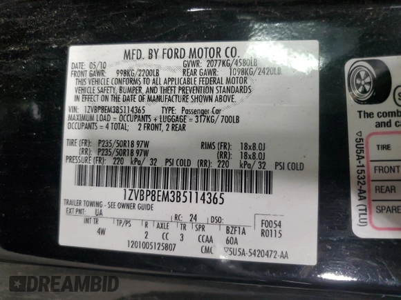 2011 Ford Mustang V6 with VIN 1ZVBP8EM3B5114365, listed as a Copart auction lot 59240225 with 155,501 mi miles and Clean title. Bid and sale history available at DreamBid. Image 12.