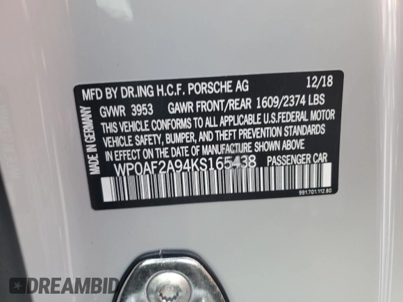 2019 Porsche 911 GT3 RS with VIN WP0AF2A94KS165438, listed as a Copart auction lot 67957454 with 16,191 mi miles and Non Repairable. Bid and sale history available at DreamBid. Image 15.