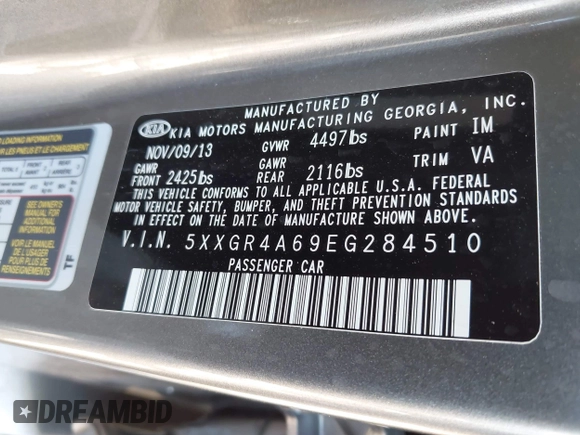 2014 Kia Optima SXL Turbo with VIN 5XXGR4A69EG284510, listed as a IAAI auction lot 41901608 with 81,877 mi miles and . Bid and sale history available at DreamBid. Image 9.