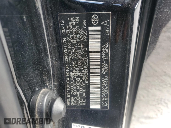 2012 Toyota Prius One with VIN JTDKN3DU6C5507114, listed as a Copart auction lot 55036615 with 238,159 mi miles and Clean Title. Bid and sale history available at carsss.com. Image 12.