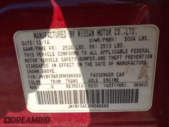 2015 Infiniti Q50 Premium with VIN JN1BV7AR3FM396669, listed as a IAAI auction lot 42007221 with 185,175 mi miles. Bid and sale history available at carsss.com. Image 9.
