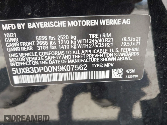 2022 BMW X3 M40i with VIN 5UX83DP00N9K07562, listed as a IAAI auction lot 42068849 with Not Provided miles and . Bid and sale history available at DreamBid. Image 9.