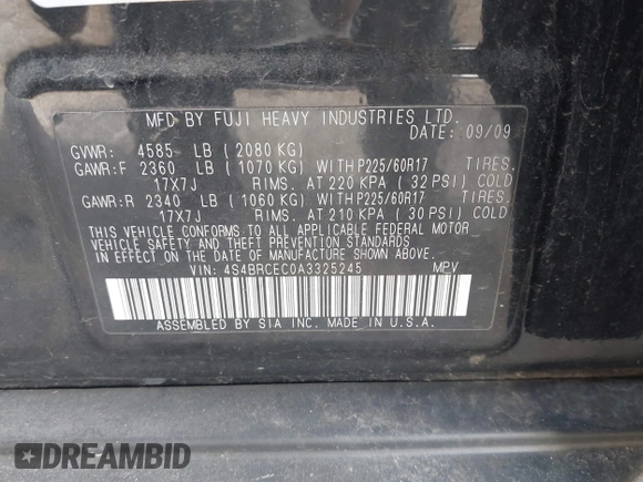 2010 Subaru Outback Premium with VIN 4S4BRCEC0A3325245, listed as a IAAI auction lot 42094909 with 232,217 mi miles and . Bid and sale history available at DreamBid. Image 9.