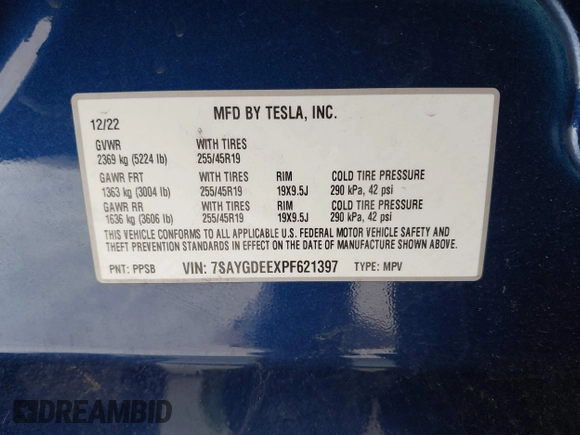 2023 Tesla Model Y Long Range with VIN 7SAYGDEEXPF621397, listed as a IAAI auction lot 41922714 with 29,460 mi miles. Bid and sale history available at carsss.com. Image 9.