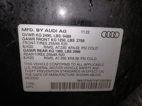 2023 Audi Q5 S line Prestige with VIN WA1FAAFY4P2063959, listed as a IAAI auction lot 41615330 with 38,991 mi miles. Bid and sale history available at carsss.com. Image 9.