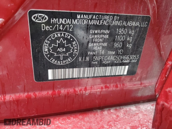 2013 Hyundai Sonata Limited with VIN 5NPEC4AC5DH663053, listed as a Copart auction lot 84049184 with 102,841 mi miles and Clean Title. Bid and sale history available at DreamBid. Image 13.