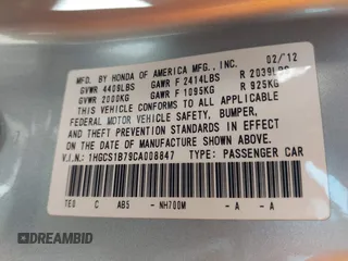 2012 Honda Accord EX with VIN 1HGCS1B79CA008847, listed as a IAAI auction lot 42053861 with 148,749 mi miles and . Bid and sale history available at DreamBid. Image 9.