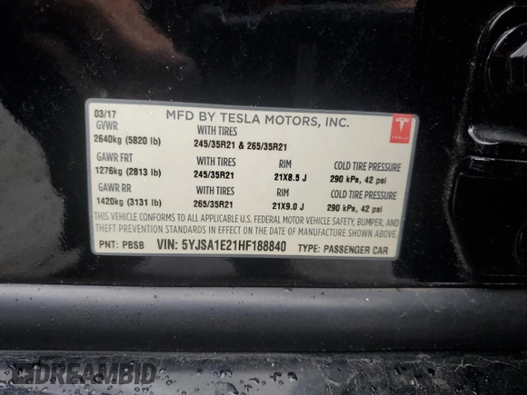 2017 Tesla Model S 100D с VIN 5YJSA1E21HF188840, выставлен на аукционе Copart как лот 62683685 с пробегом 90 101 миль миль и Списание • Salvage title. История ставок и продаж доступна на DreamBid. Изображение 13.